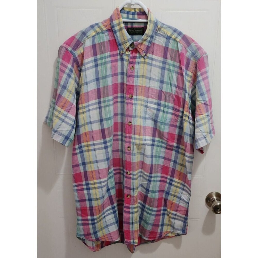 Flying Scotsman Colorful‎ Pastel Plaid Short Sleeve Button Down Shirt Size XL